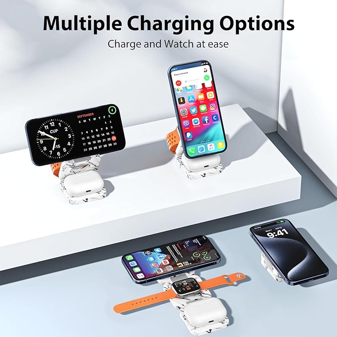 KU XIU X55 Nature Series Fast Magnetic Wireless Charger, Foldable 3 in 1 Charging Station for Apple, Mag-Safe Travel Charger Stand for iPhone 17 16 15 14 13 Series, Apple Watch & AirPods-Marble White