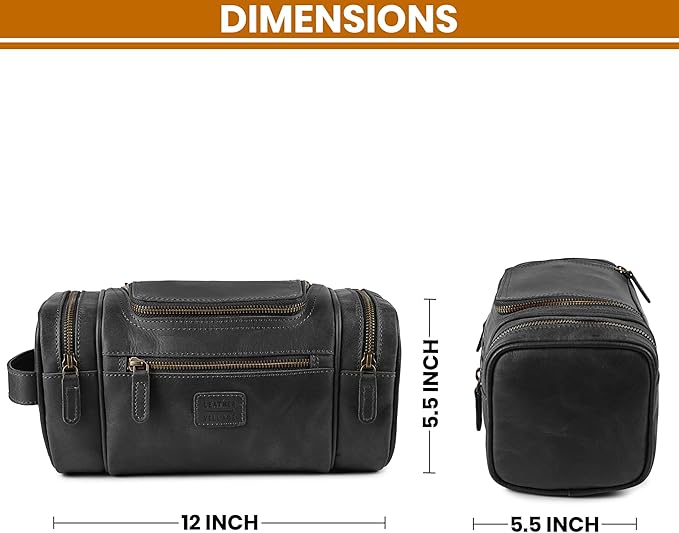 LEATHER VILLAGE Genuine Leather Travel Dopp Kit for Men & Women – Large Capacity Hanging Toiletry Bag with Water-Resistant Lining – Ideal for Travel, Grooming & Gym - Black