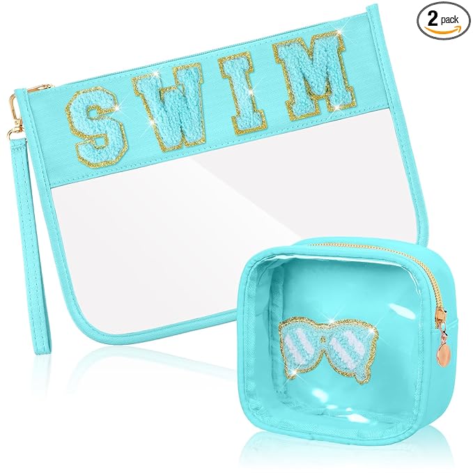 Hillban 2 Pcs Swim Bag Chenille Letter Preppy Patch Makeup Pouch Flat Clear Pouch PVC Organizer Purse Waterproof Travel Cosmetic Bags Pool Swim Coach Team Gifts for Women