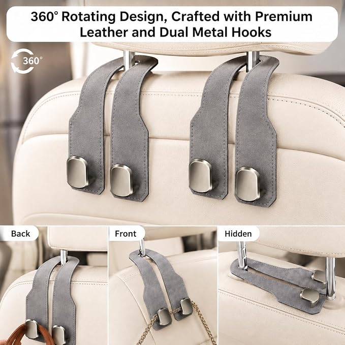 4Pcs Car Headrest Hooks with Premium Leather, Upgraded Double Metal Hooks with Anti-Drop Design, Universal Back Seat Hanger for Bags, Coats, Purses and Groceries (Stylish Gray)