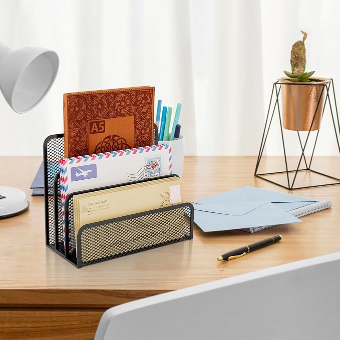 Mesh Mail Organizer 3 Slot Mail Holder for Desk Mesh Letter Sorter File Holder for Home Office Documents, Envelopes, and Postcards Paper Clip Holder set (Black)