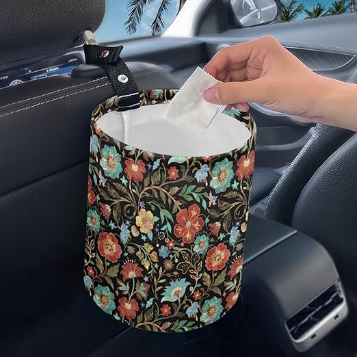 Car Rubbish Bin Portable Waste Basket Can Foldable Auto Waste Storasge Bag Holder with Adjustable Strap for Camping, Travelling, Picnic, Plum Blossom