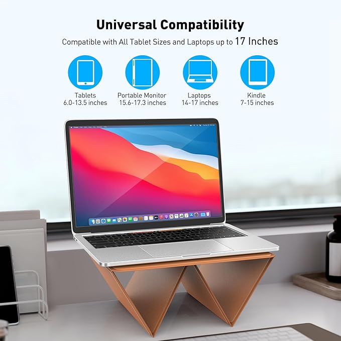 AboveTEK Portable 2-in-1 Foldable iPad & Laptop Holder for Desk, Adjustable Travel Stand for 14"17" MacBook Air/Pro/Tablets/Kindle, Ultra-Sleek PU Leather Computer Riser