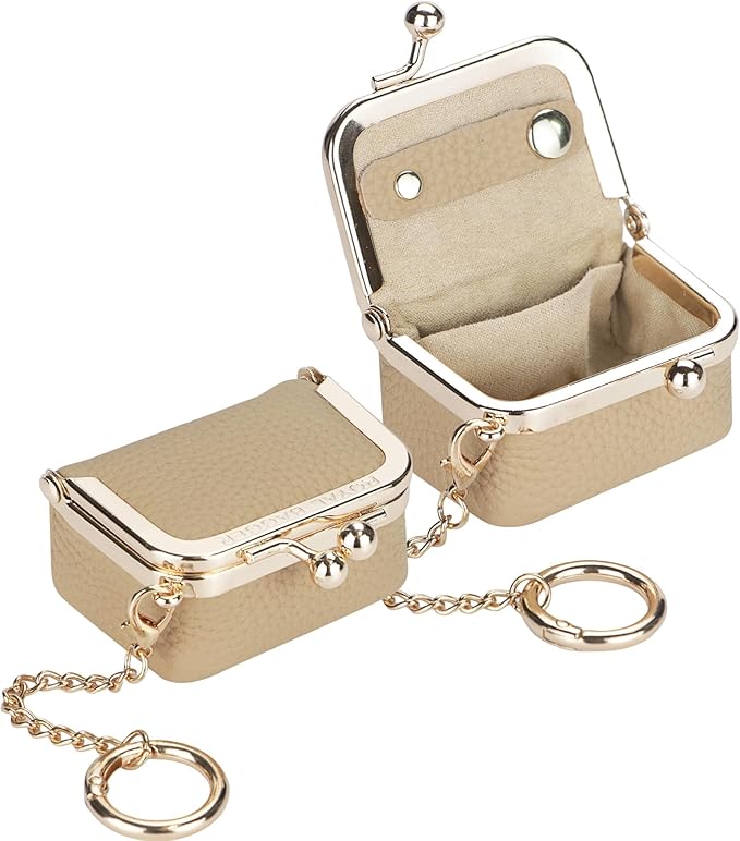 Royal Bagger Genuine Cow Leather Mini Jewelry Box Women's Coin Purse Solid Color Kiss Lock Change Pouch Casual Style Small Storage Bag for Women 1894 (Milk Tea with Chain)