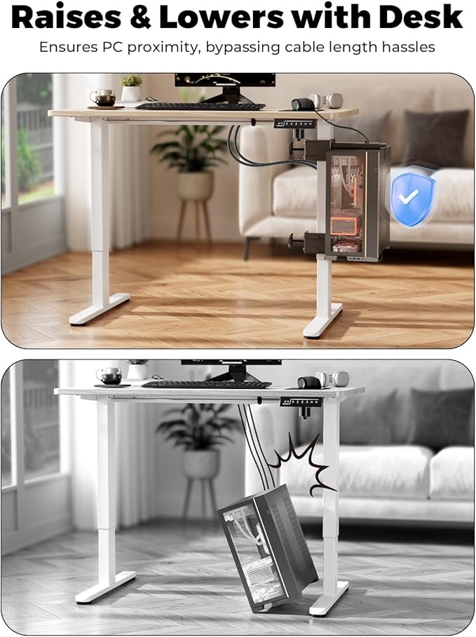 JOY worker No Drilling Under Desk PC Mount for Standing Desk, Clamp-On Desk Leg Computer Mount with Extra Protective Arms, Adjustable Computer Case CPU Holder Holds Up to 44lbs, Black