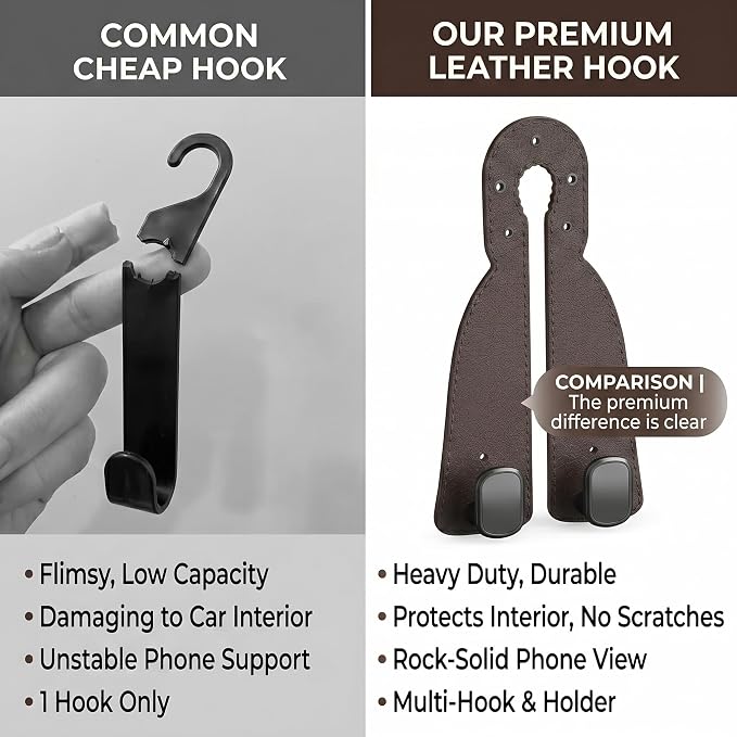 2 Pack Leather Car Seat Back Double Hooks - Heavy Duty Metal Core Headrest Hangers for Purses, Bags & Groceries - Anti-Drop & Scratch-Free Auto Interior Organizer Holder (Brown)
