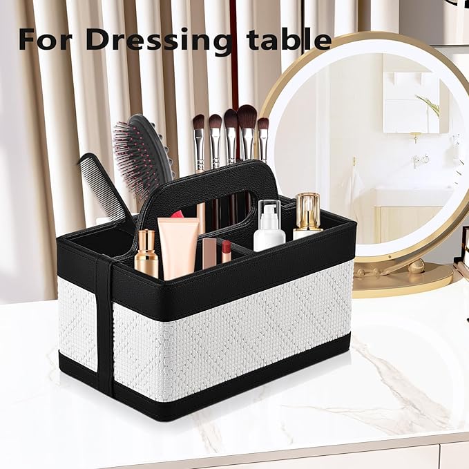 Desk Organizer Caddy with Handle-Portable PU Leather Remote Control Holder-Nightstand Dresser Tote Storage for Sunglasses,Comb,Small iPad,Pen,Heater Controllers,Cosmetics and Office Supplies