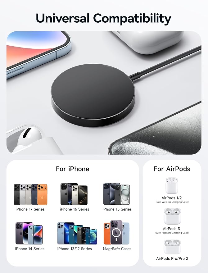 for iPhone 17 MagSafe Charger 2-Pack, JSAUX 15W Magnetic Wireless Charger for MagSafe Charger, iPhone 17e/17 Air Pro Max/16/15/14/13/12 Series/Airpods, Mag Wireless Charging Pad-Black