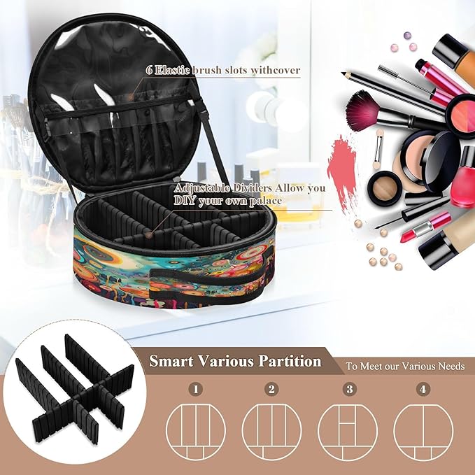 senya Round Cosmetic Pouch Travel Makeup Train Case Flower Drawing Makeup Organizer Bag with Adjustable Dividers Portable for Cosmetics Makeup Brushes Toiletry Jewelry Accessories