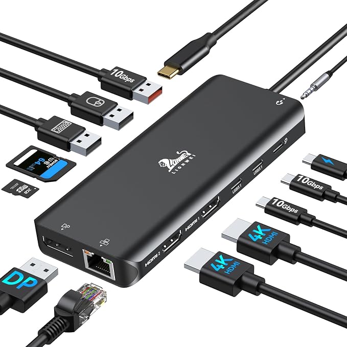 LIONWEI Laptop Docking Station 13 in 1 - Dual HDMI+DisplayPort+10Gbps, 6 USB C/A, 100W PD, Ethernet, SD/TF, Audio, USB C Hub for MacBook/Dell/HP/Surface, Black