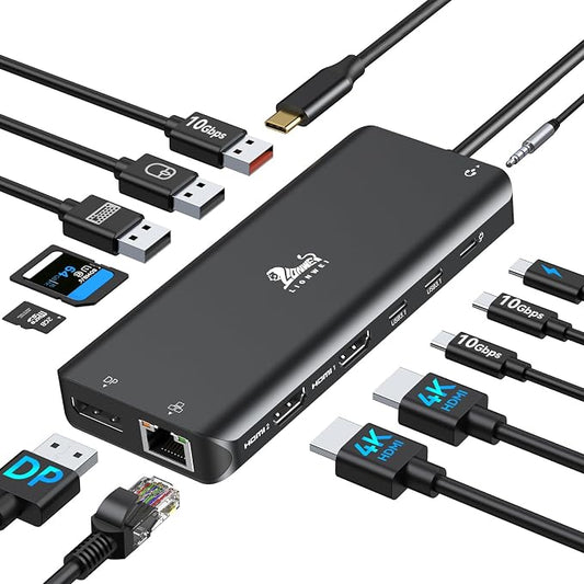 LIONWEI Laptop Docking Station 13 in 1 - Dual HDMI+DisplayPort+10Gbps, 6 USB C/A, 100W PD, Ethernet, SD/TF, Audio, USB C Hub for MacBook/Dell/HP/Surface, Black