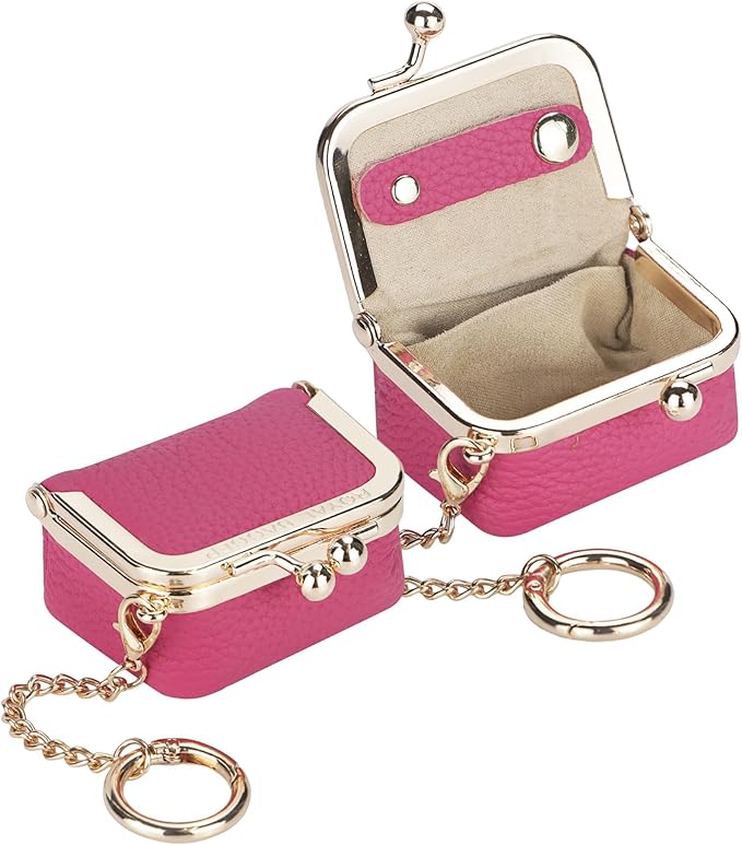 Royal Bagger Genuine Cow Leather Mini Jewelry Box Women's Coin Purse Solid Color Kiss Lock Change Pouch Casual Style Small Storage Bag for Women 1894 (Watermelon Red with Chain)