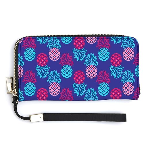 Unisex Zip Around Wallet for Adults Teens Bright Blue And Pink Pineapple Coin Pouch Cash Pocket PU Leather Wallets Card Holder Organizer Designer Purse with Wristlet Strap