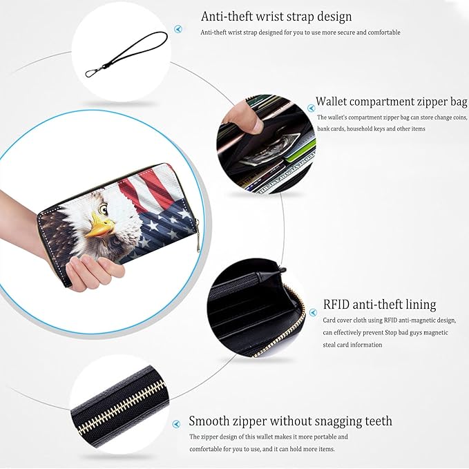 Bxgolkgd Womens Wallet, RFID Blocking Leather Wallet,Large Capacity Wallet Credit Card Holder PU Leather Ladies Clutch with Zipper Coin Pocket - American Flag Eagle
