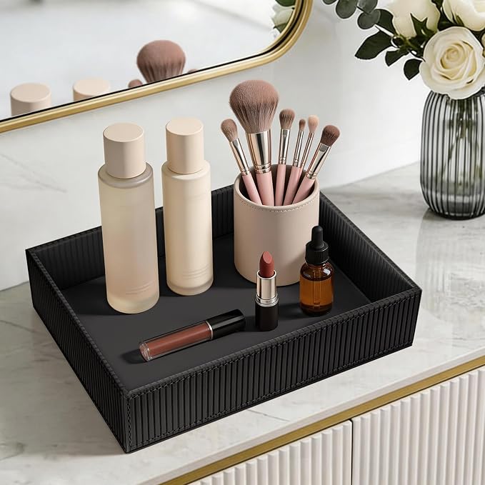 SITHON Valet Tray Desk Organizer, PU Leather Catchall Bedside Vanity Tray Nightstand Caddy Coin Box Key Jewelry Storage Organizer, Graduation Day Father's Gift, Stripe Black