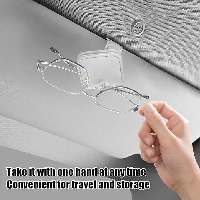 Sunglasses Holder for Car Visor, Magnetic Leather Vehicle Glasses Ticket Card Clip, Automotive Interior Eyeglass Hanger Organizer Accessories, Universal for SUV, Sedan, Truck (White)