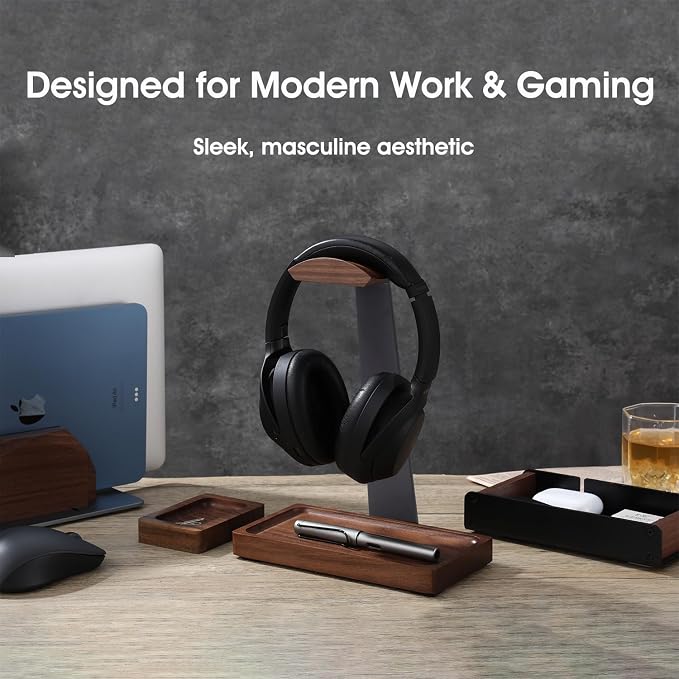 Walnut Headphone Stand, Wooden Headset Stand for Desk, Wood Gaming Headphone Holder with Storage Base for Airpod max, Bose, Razer, Sennheiser, Jabra, JBL, AKG, Vintage Gift for Men, Grey