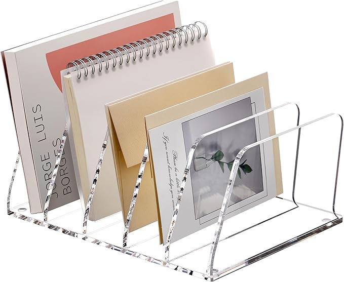 SANRUI Acrylic Mail Sorter Desktop Organizer, 5 Compartments Clear Small File Script Letter Document Storage for Desk Bill Filling Envelope Holder Office, Home, School Organization