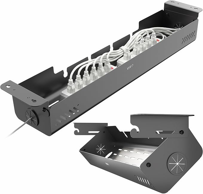VIVO 35 inch Screw-On Under Desk Cable Management Box with Flip-Open Lid, Easy-to-Open Steel Cord and Power Strip Organizer, Cable Organizer Tray, 11 lbs Capacity, Black, DESK-ACMB35-S