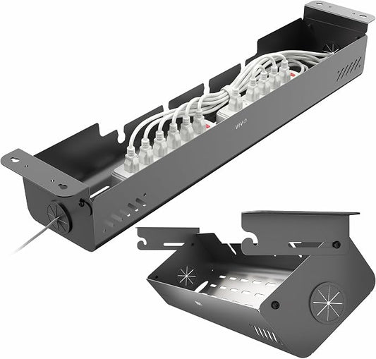 VIVO 35 inch Screw-On Under Desk Cable Management Box with Flip-Open Lid, Easy-to-Open Steel Cord and Power Strip Organizer, Cable Organizer Tray, 11 lbs Capacity, Black, DESK-ACMB35-S