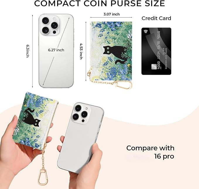 Black Cat Art Painting Keychain Coin Purse for Women, Small PU Leather Change Pouch, Zipper Little Tiny Travel Wallet for Girls, Cute Kawaii Zip Pocket Coin Holder with Key Ring