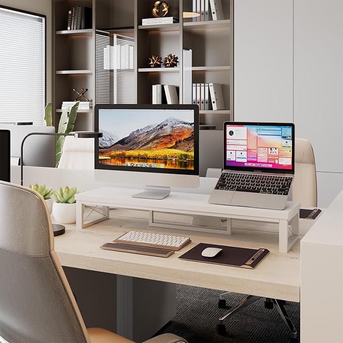 IBUYKE Large Dual Monitor Stand Riser for 2 Monitors, Wooden Desktop Computer Monitor Stand Storage Shelf and Steel Legs,Dual Screen Office Desk,Monitor Riser for Computer, Printer,Laptop,TV,White UTDJ002W