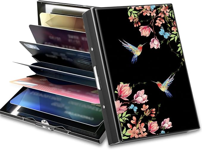 Slim Credit Card Holder, Hummingbird Floral Sakura RFID Blocking Metal Wallet for Men & Women, Aluminum Minimalist Hard Case Pocket-Sized Business Cards Organizer (Fits Up to 10 Cards)