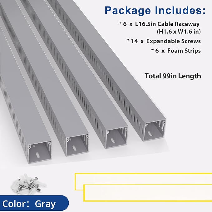 ZhiYo H1.6in W1.6in Professional Server Rack Cable Management Raceway, 99in (6 x L16.5in) Cable Raceway Kit, Electrically Safe PVC Open Slot Wire Raceway for Under Desk/Computer/Network Cords, Grey