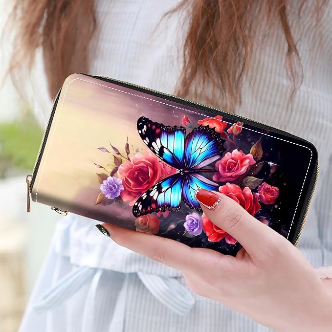 Women's Large Capacity Wallet PU Leather Zip Around Clutch Purse Multifunctional Wallet with Removable Wristlet Strap for Smart Phone/Coin/Card/Cash, Flower Butterfly