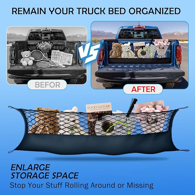 Truck Bed Cargo Net for 2013-2026 Chevy Silverado&GMC Sierra 1500/2500HD/3500HD Accessories, Envelope Style Trunk Mesh Cargo Net, Heavy Duty&Double-Layer Nylon Storage Rear Netting Holder Organizer