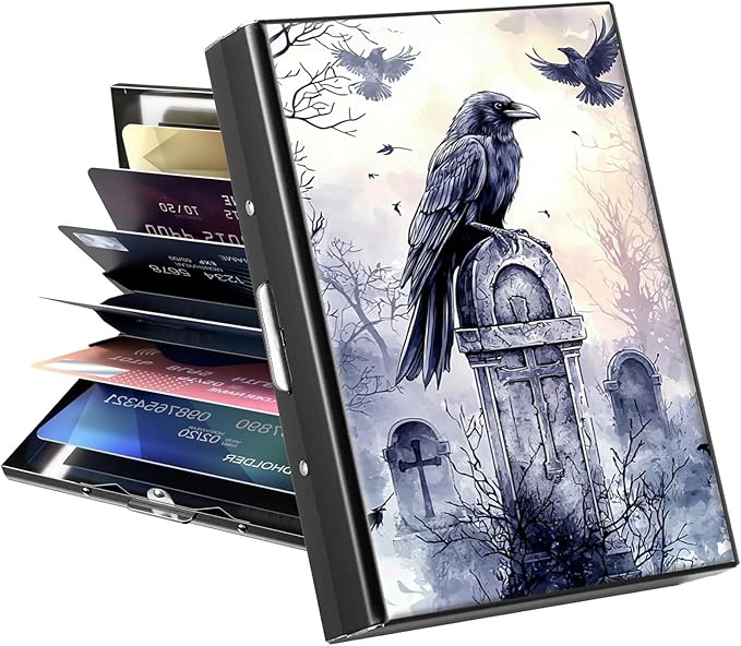 Metal Wallet, Credit Card Holder for Women Men Girls, RFID Blocking Aluminum Wallet Slim Hard Case, Mini Travel Wallet, ID Card Holder Business Card Case,Art Raven