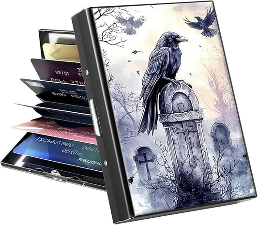 Metal Wallet, Credit Card Holder for Women Men Girls, RFID Blocking Aluminum Wallet Slim Hard Case, Mini Travel Wallet, ID Card Holder Business Card Case,Art Raven