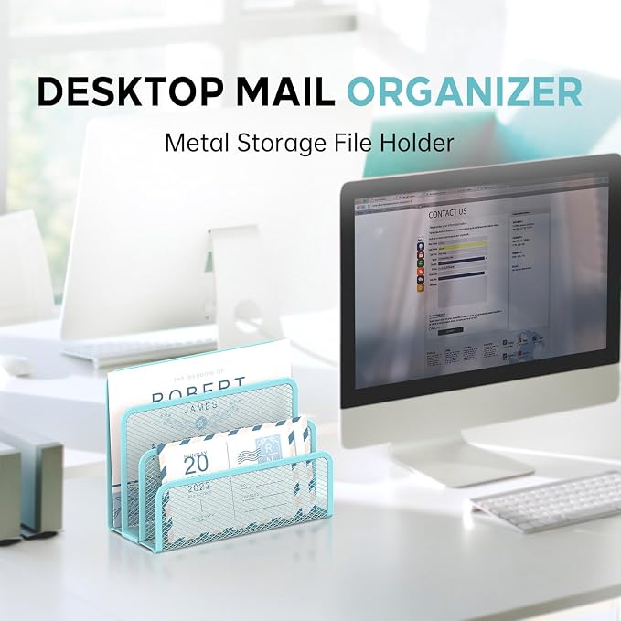 SUPEASY Mail Organizer for Desk, Mesh Metal Mail Holder Countertop with 3-Slot, Letter Sorter File Holder, Office Envelope Organizer for Mails (Blue)