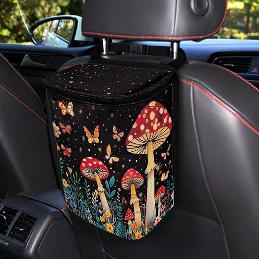 Butterfly Mushroom Car Trash Can with Lid car Accessories Leak Proof Car Trash Bag Hanging Car Garbage Can Multipurpose Storage Container for Back Seat Road Trip
