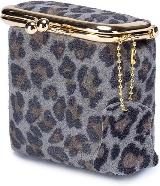 Litchi Leather Coin Purse for Women, Portable Vintage Wallet Mini Lipstick Holder Fashion Solid Color Kiss Lock Key Storage Square Pouch (Leopard print-C)