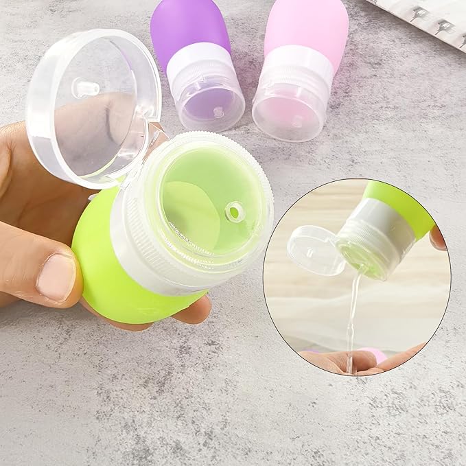 Mziart Travel Bottles for Toiletries, TSA Approved 2oz Silicone Travel Size Containers, 3 Pack Leak-Proof Squeezable Refillable Shampoo and Conditioner Bottles (Pink, Purple, Green)