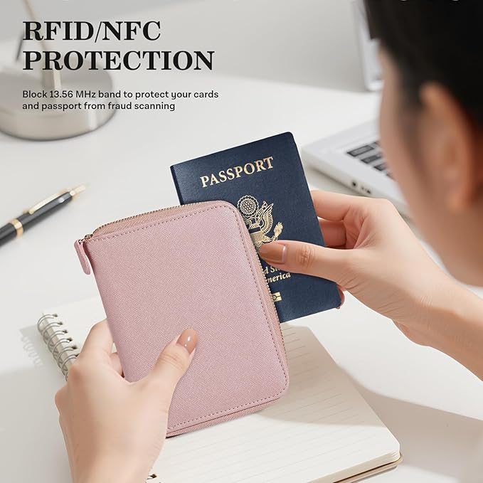 CoBak Passport Holder Cover with Safe Zipper Closure, Premium Passport Wallet for Travel, Cute RFID Blocking Card Case, Waterproof Travel Accessories for Women, Grain Rose Gold
