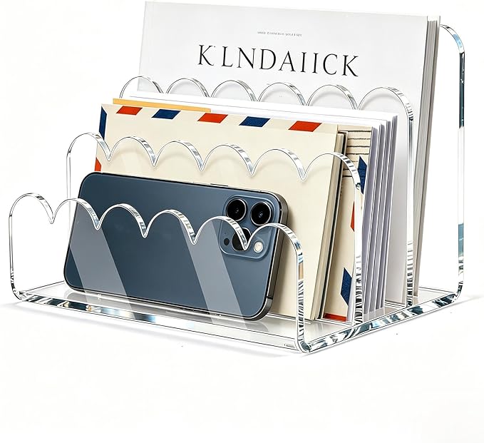 3 Compartments Acrylic Mail Organizer, Vertical File Sorter & Scalloped Desk Organizer for Letters, Envelopes, Bills, Stationery, Mail Holder for Office and Home