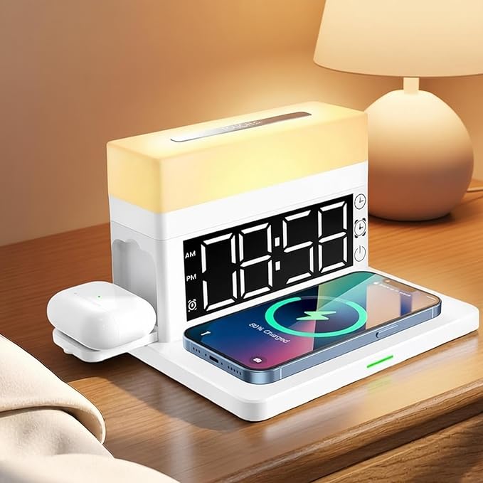 AYI Multifunctional Wireless Charging Station with Alarm Clock, 15W Fast Charger for Phones Watches Earbuds Qi-Certified, Stand with 7 RGB Night Light Modes - N65 White.