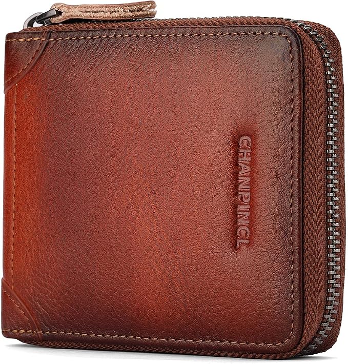Mens Genuine Leather Zipper Wallet RFID Secure Large Capacity Double Fold Multi-card Leather Wallets for Men and coin purse