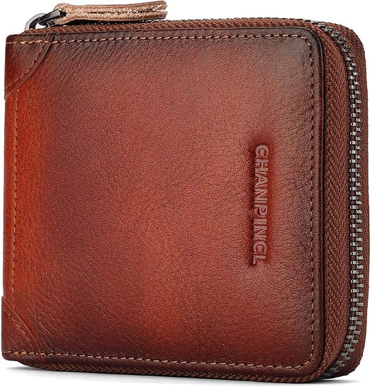 Mens Genuine Leather Zipper Wallet RFID Secure Large Capacity Double Fold Multi-card Leather Wallets for Men and coin purse