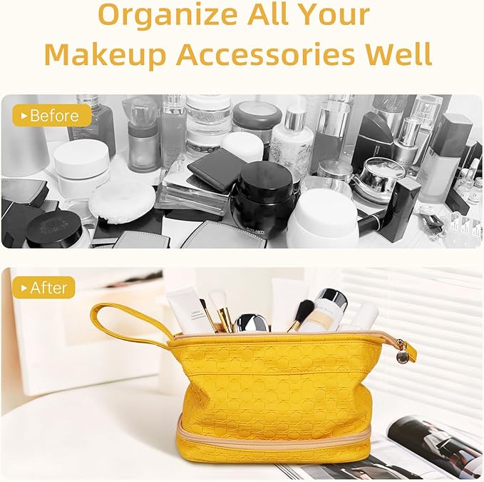Abiudeng Large Capacity Makeup Bag Ladies Cosmetic Bag Travel Bag with Compartments Portable PU Leather Travel Makeup Bag with Handle