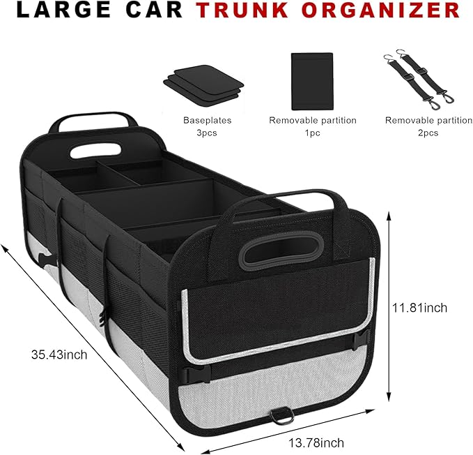 Car Trunk Organizer, Large Capacity Collapsible Cargo Organizer with Adjustable Straps Reinforced Handles, Multi-Compartment Trunk Storage Box for Car Truck SUV Sedan (Black & Gray)