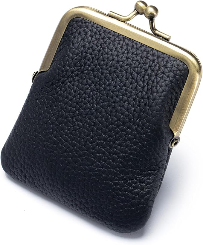 Genuine Leather Kiss Lock Coin Purse, Mini Wallet with Metal Clasp Frame, Small Change Holder, Gift for Women Men, Black