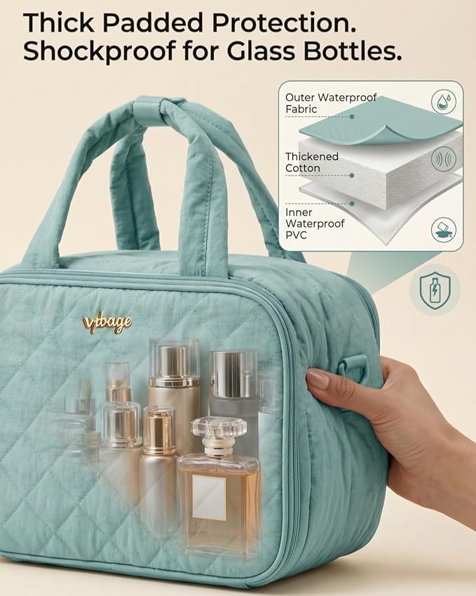 Lightweight Structured Travel Toiletry Bag for Women - Wide-Open Puffer Mini Duffel with Removable Divider, Waterproof Lining, Water-Resistant Exterior, Fits Full-Size Bottles & Shower Essentials