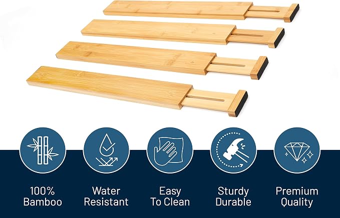 RoyalHouse Adjustable Bamboo Drawer Dividers Organizers, Expandable Drawer Separators for your Kitchen, Bedroom, Bathroom, Dresser, Office, and More (8 pieces)