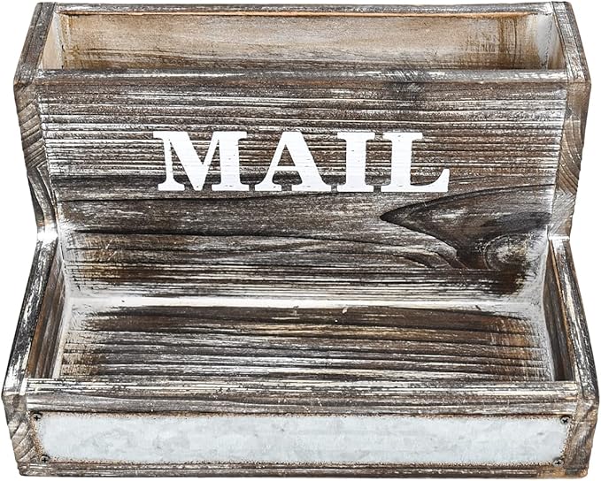 OKSQW Farmhouse Wood Desktop Desk Mail Organizer with 2-Slot Desktop Mail Sorter Holder File Organizer Bill Paper Folder Office Desk Accessories Rustic Office Supplies Home Decor