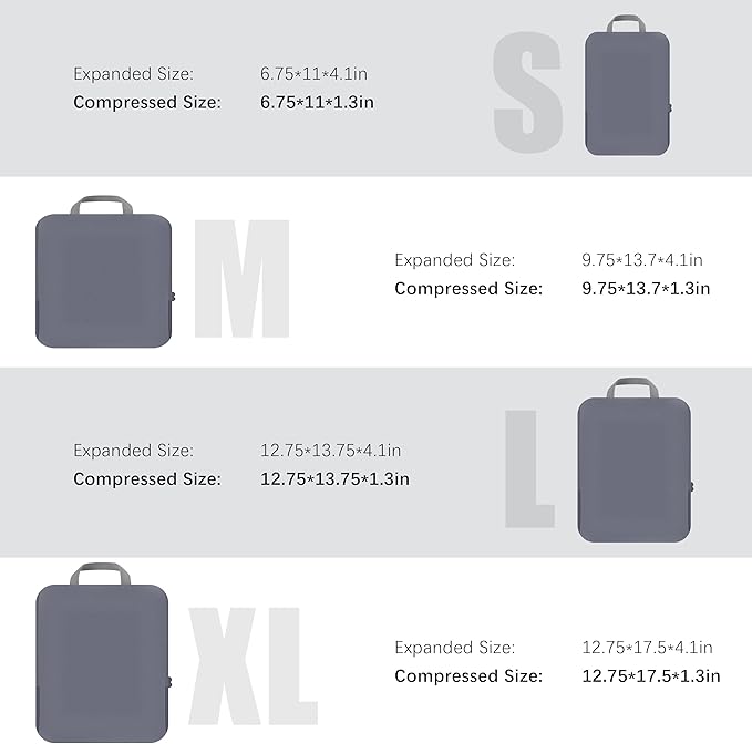 4 Set Compression Packing Cubes Travel - Travel Accessories Expandable Packing Organizers for Carry On - Essentials Luggage Bags - Dark Grey