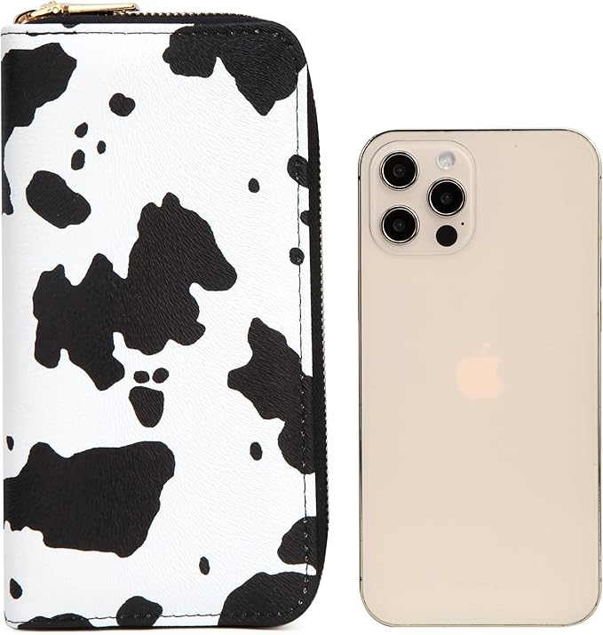 Cow Print Wallet for Women Money Organizers Western Purse Cow Stuff Gifts Double Zipper Ladies Large Capacity Card Cases