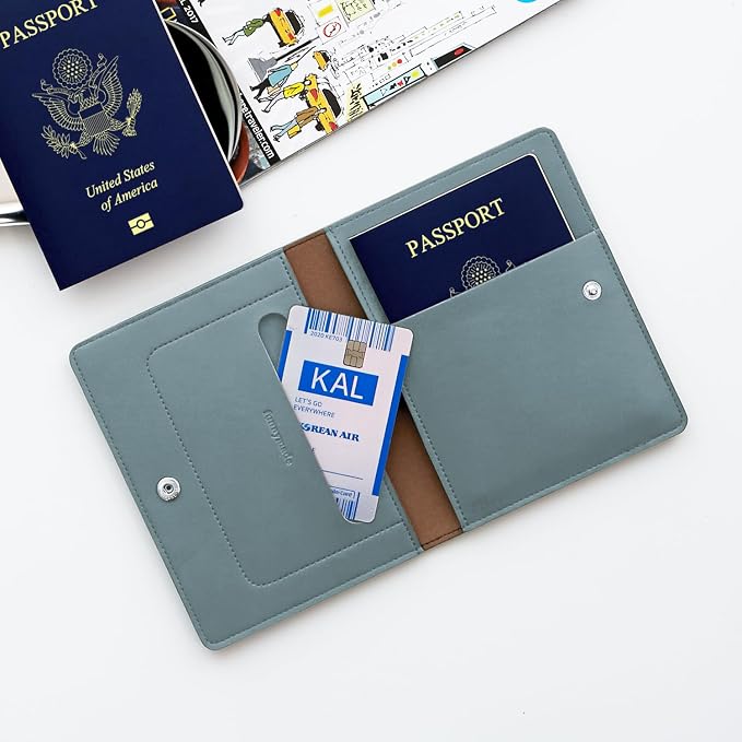 carrotez Family Travel Document Organizer – Premium RFID Blocking Leather Passport Holder & Wallet for 2 Passports, Cards, Boarding Passes & Travel Essentials – Fog Blue